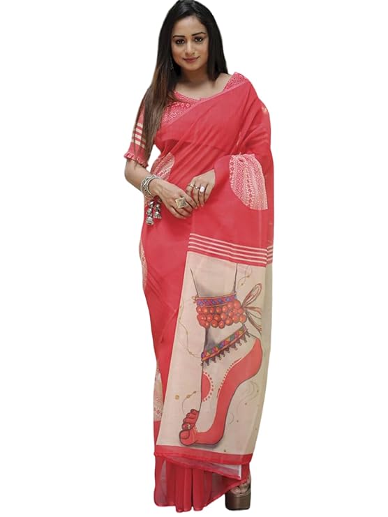 Womens Multicolor Mulmul Soft Cotton jaipuri Printed Durga Puja Saree